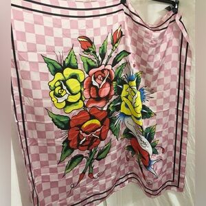 Ed Hardy‎ pink white checkered iconic Ed Hardy red rose florals scarf shawl new